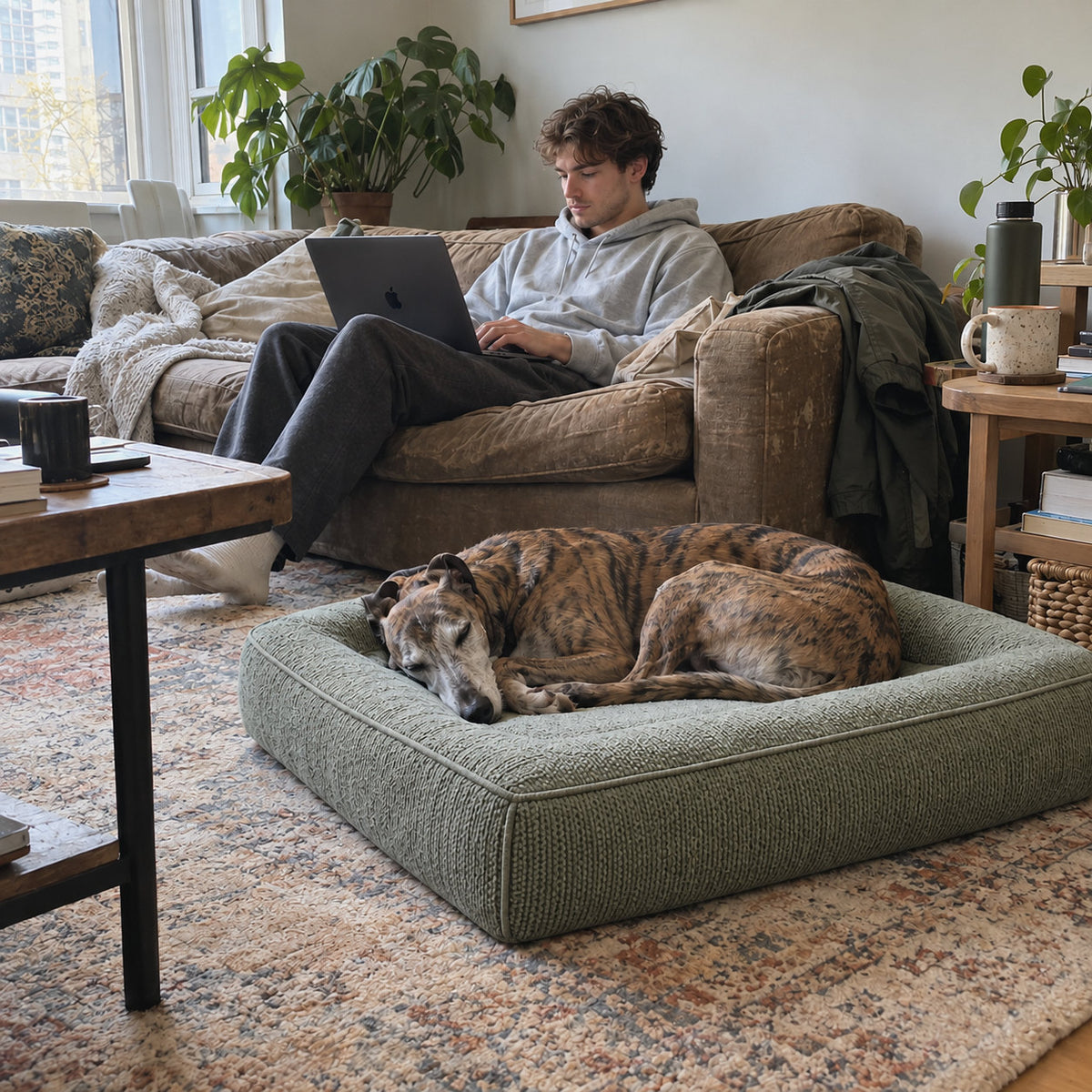 RestWell orthopedic memory foam dog bed in sage green, with an owner at home