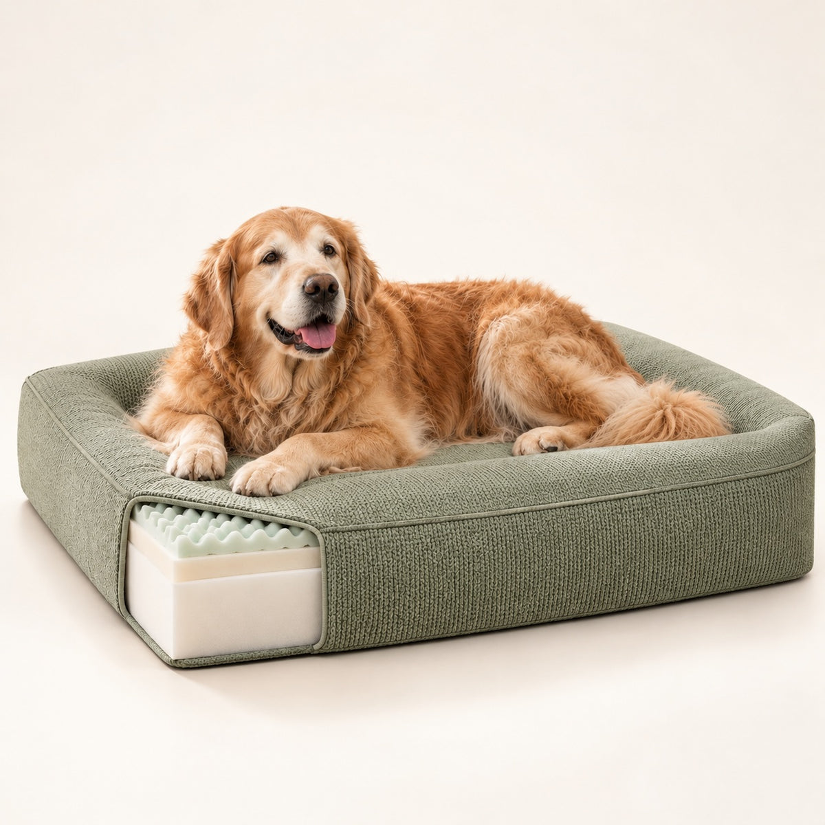 RestWell orthopedic memory foam dog bed in sage green, studio photo with a dog