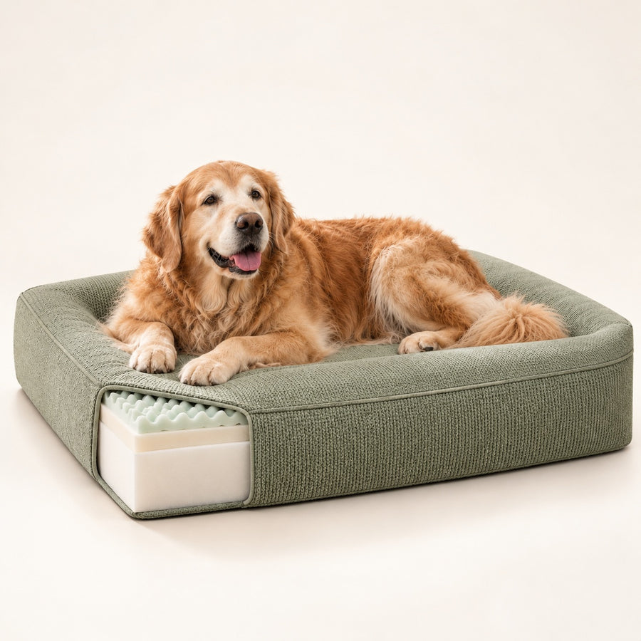RestWell orthopedic memory foam dog bed in sage green, studio photo with a dog