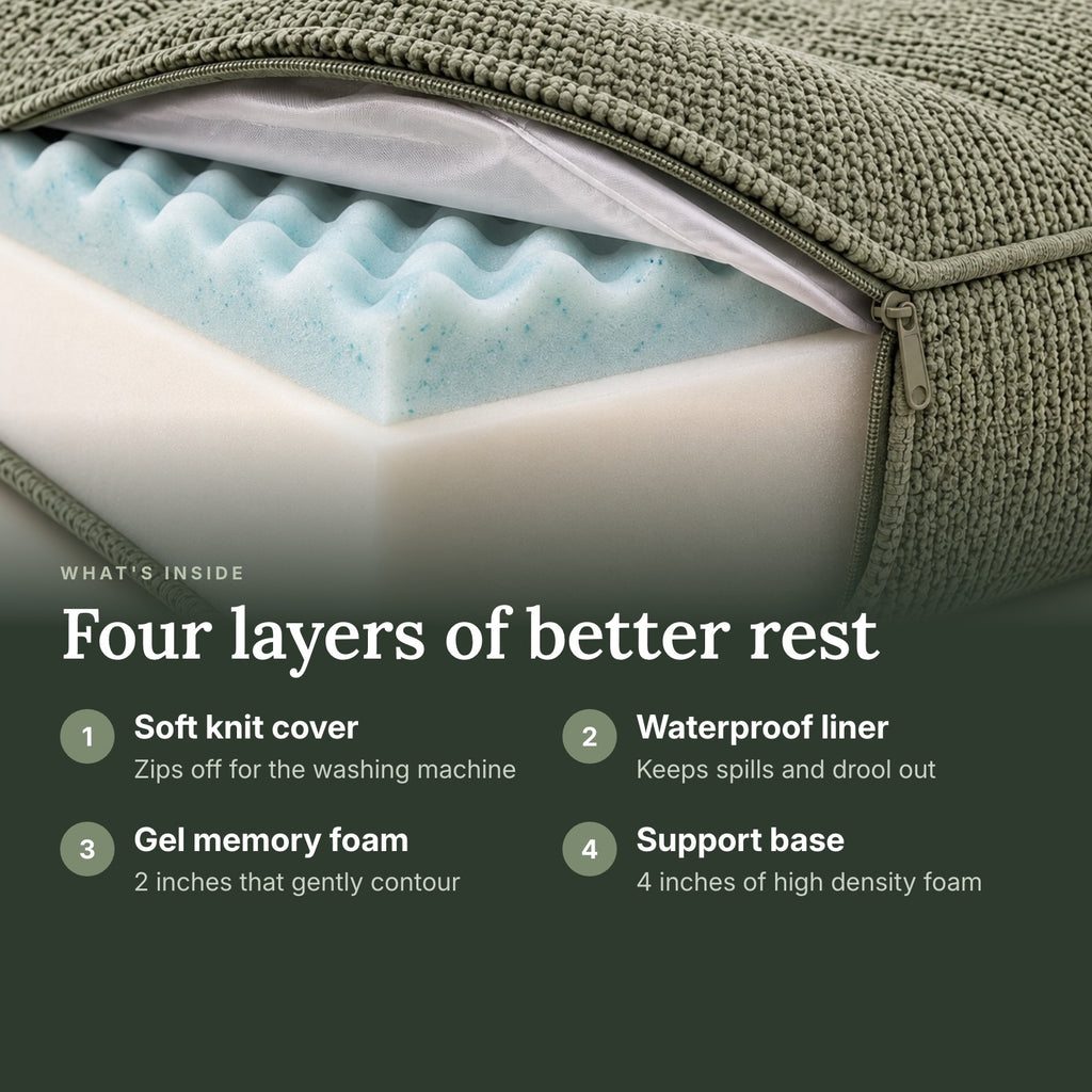 RestWell orthopedic memory foam dog bed in sage green, what is inside