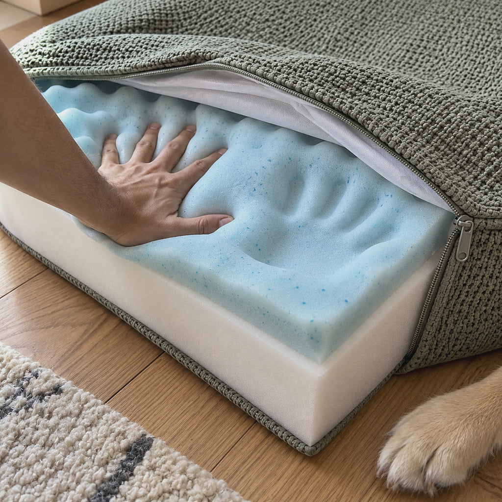 RestWell orthopedic memory foam dog bed in sage green, hand pressing into the memory foam