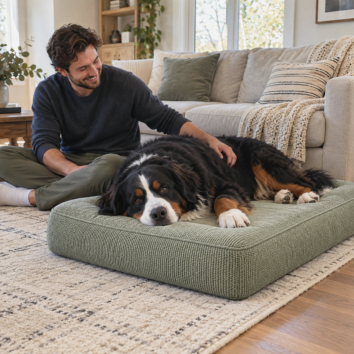RestWell orthopedic memory foam dog bed in sage green, next to an adult to show the size