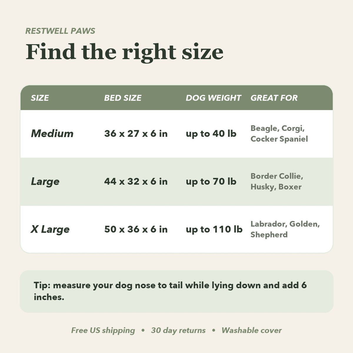 RestWell orthopedic memory foam dog bed in sage green, size guide