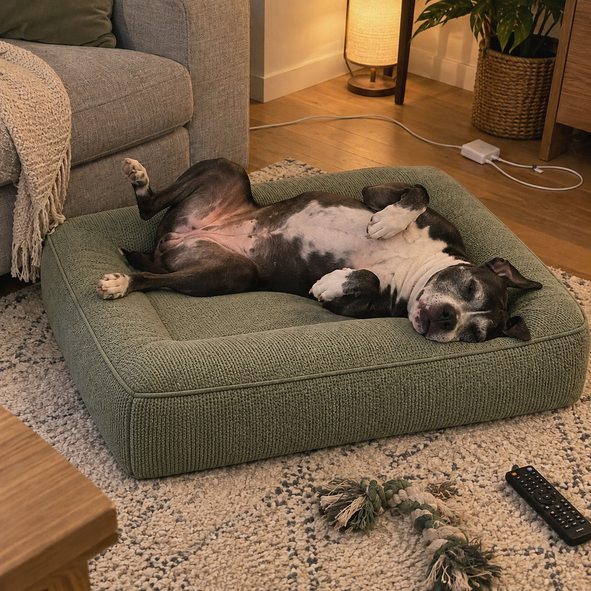 RestWell orthopedic memory foam dog bed in sage green, at home with a dog