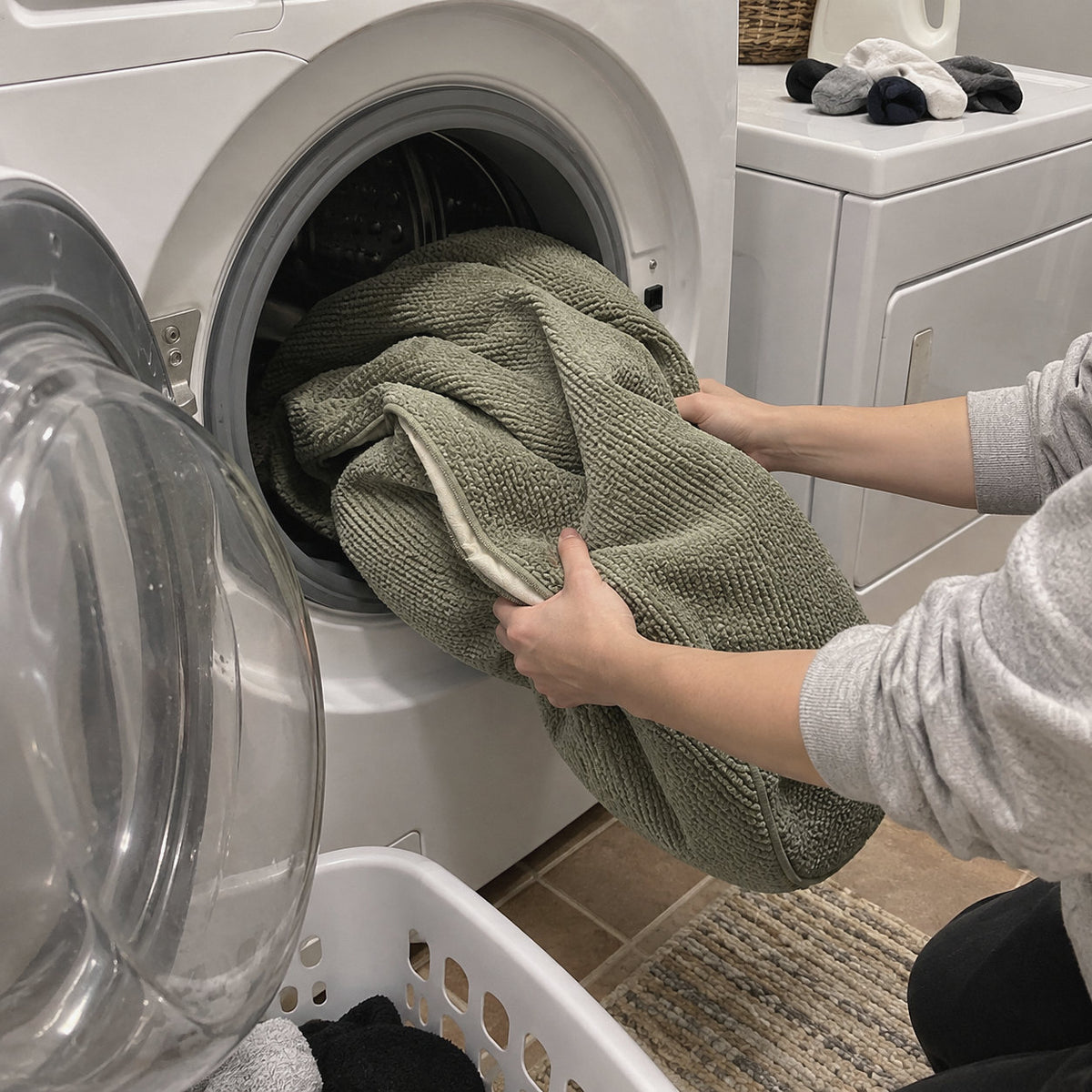 RestWell orthopedic memory foam dog bed in sage green, cover going into the washing machine