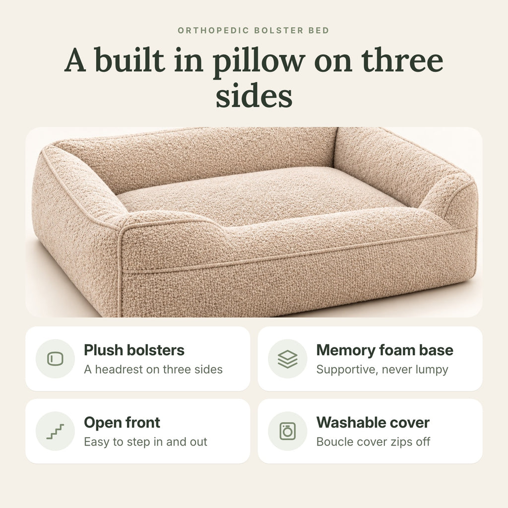 RestWell bolster orthopedic dog bed in oatmeal boucle, key benefits