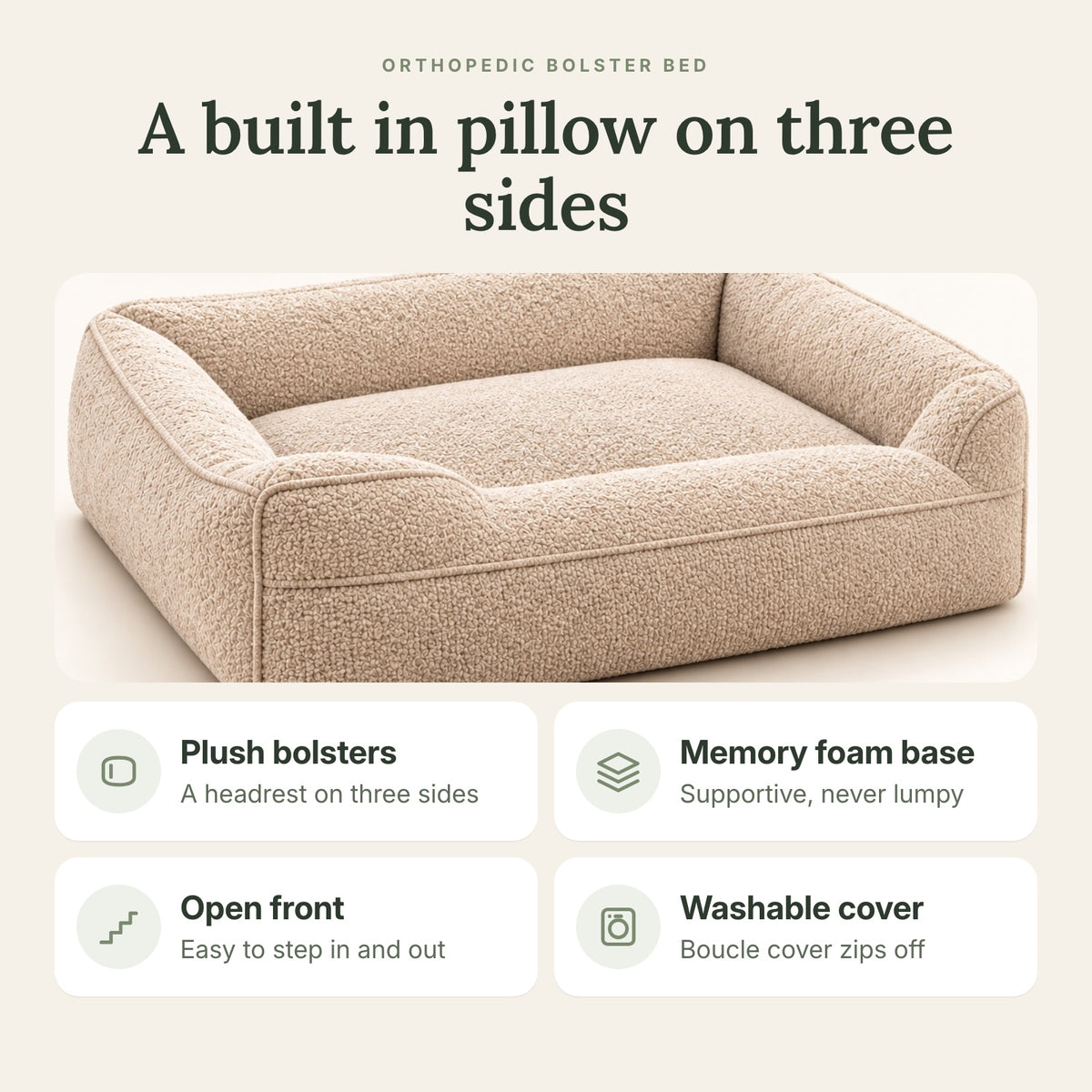 RestWell bolster orthopedic dog bed in oatmeal boucle, key benefits