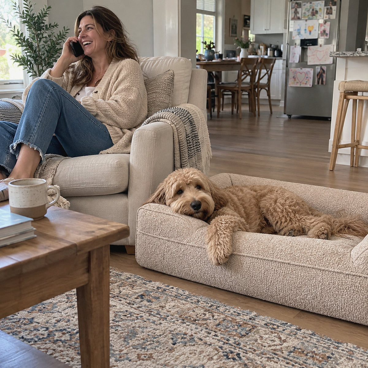 RestWell bolster orthopedic dog bed in oatmeal boucle, with an owner at home