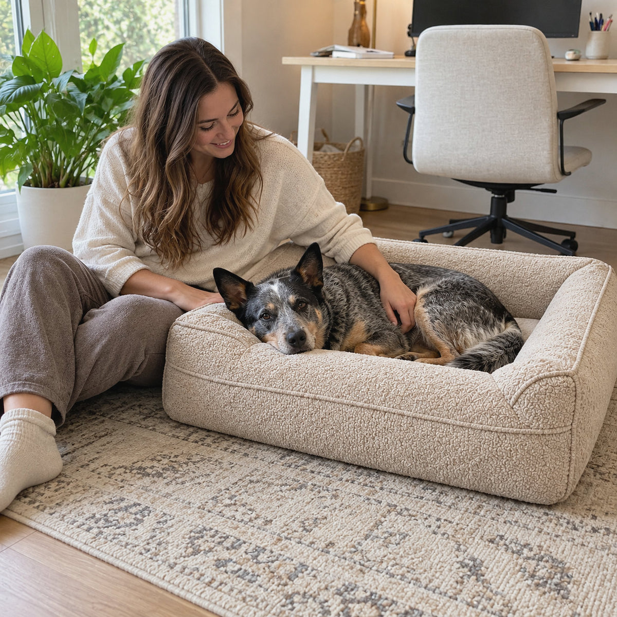 RestWell bolster orthopedic dog bed in oatmeal boucle, next to an adult to show the size