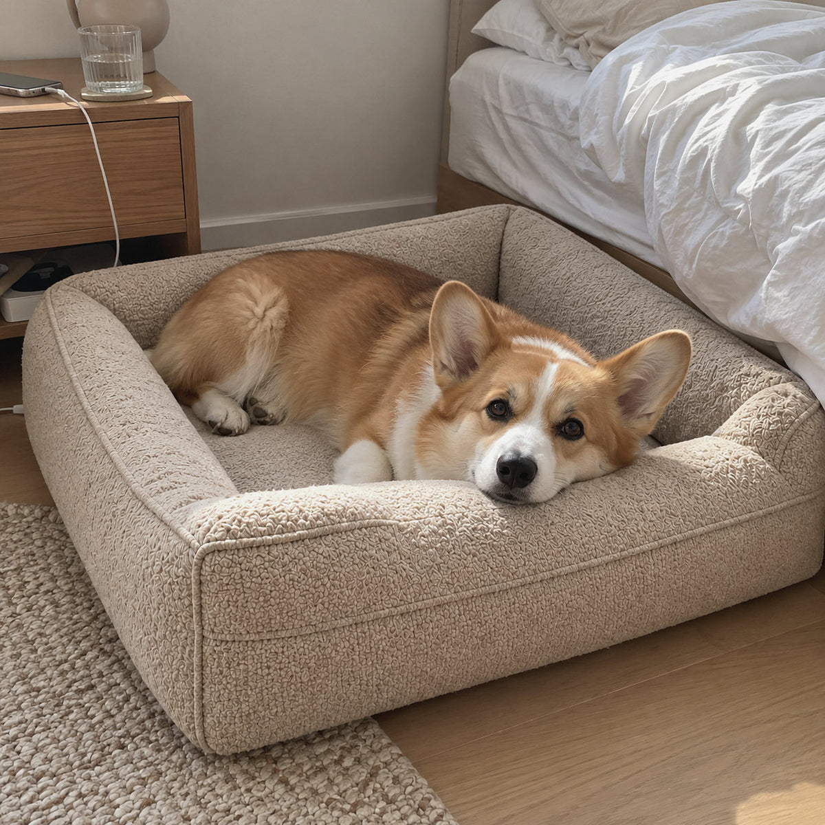 RestWell bolster orthopedic dog bed in oatmeal boucle, at home with a dog
