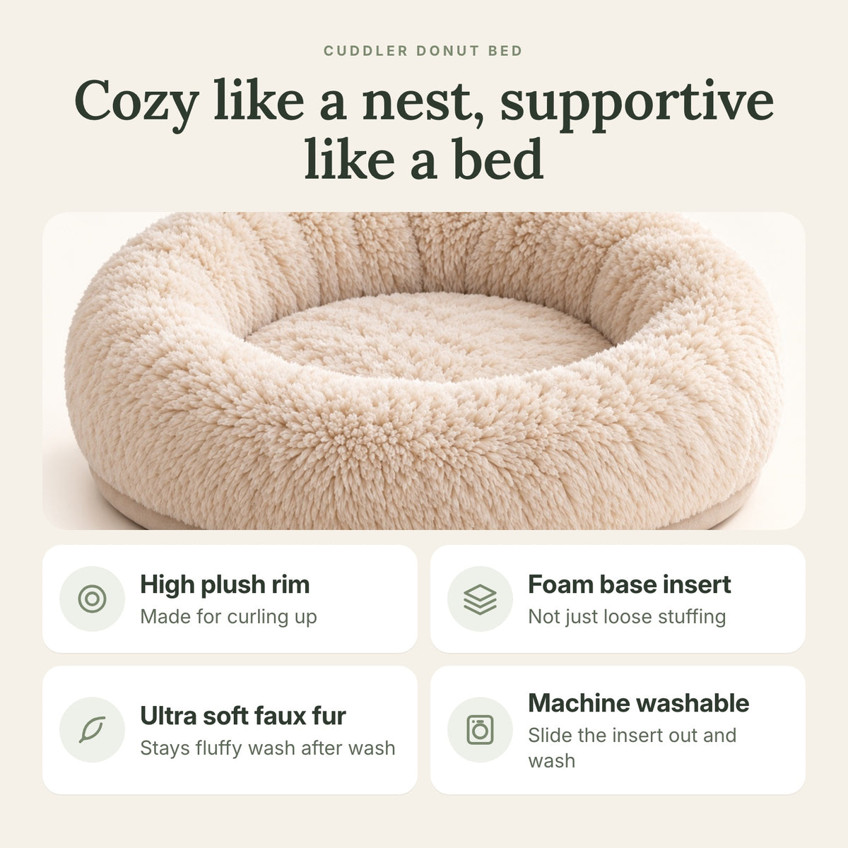 RestWell cuddler donut dog bed in cream faux fur, key benefits