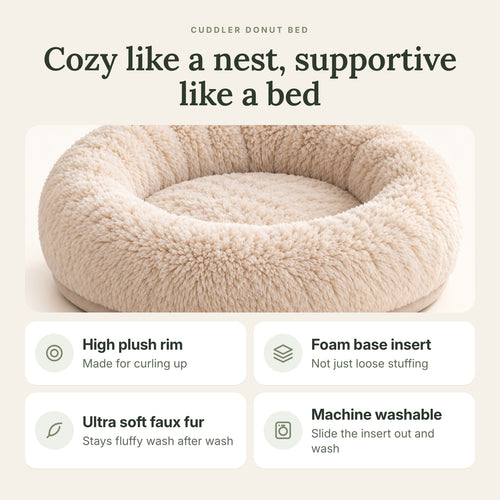 RestWell cuddler donut dog bed in cream faux fur, key benefits