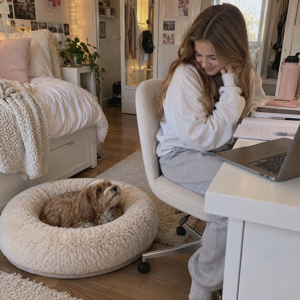 RestWell cuddler donut dog bed in cream faux fur, with an owner at home