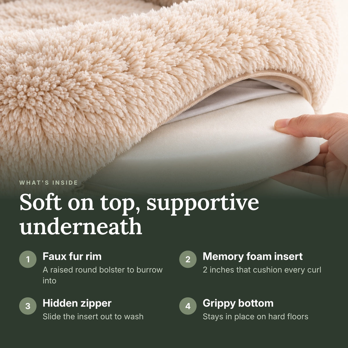 RestWell cuddler donut dog bed in cream faux fur, what is inside