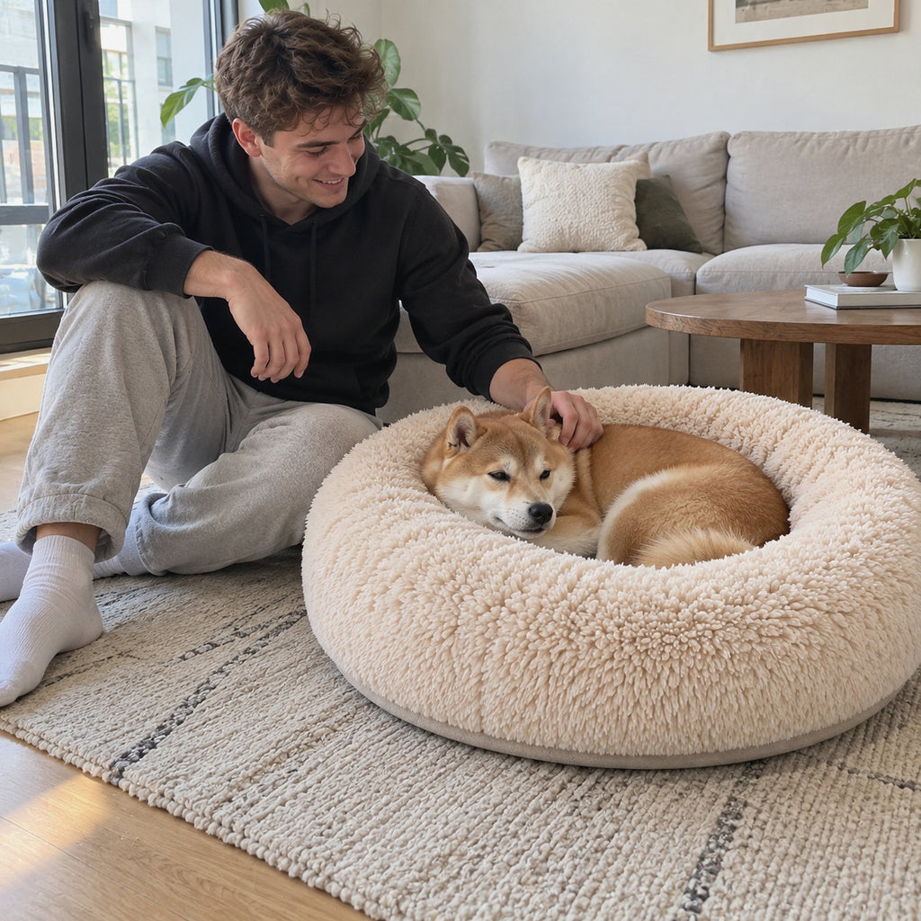 RestWell cuddler donut dog bed in cream faux fur, next to an adult to show the size