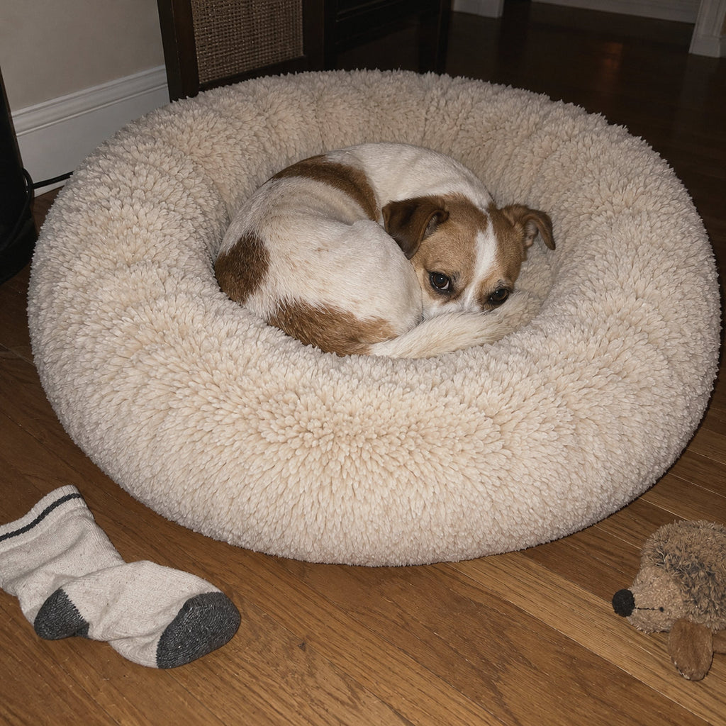 RestWell cuddler donut dog bed in cream faux fur, at home with a dog