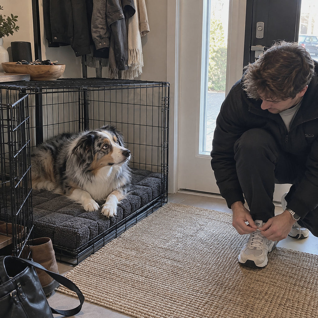 RestWell orthopedic crate mat in charcoal, with an owner at home