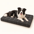 RestWell orthopedic crate mat in charcoal, studio photo with a dog