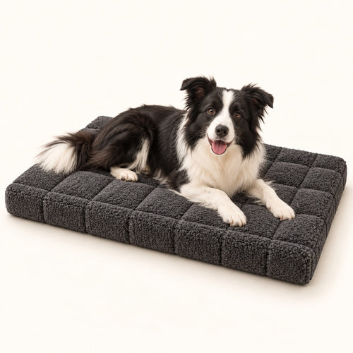 RestWell orthopedic crate mat in charcoal, studio photo with a dog