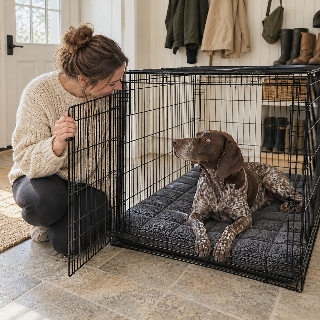 RestWell orthopedic crate mat in charcoal, next to an adult to show the size