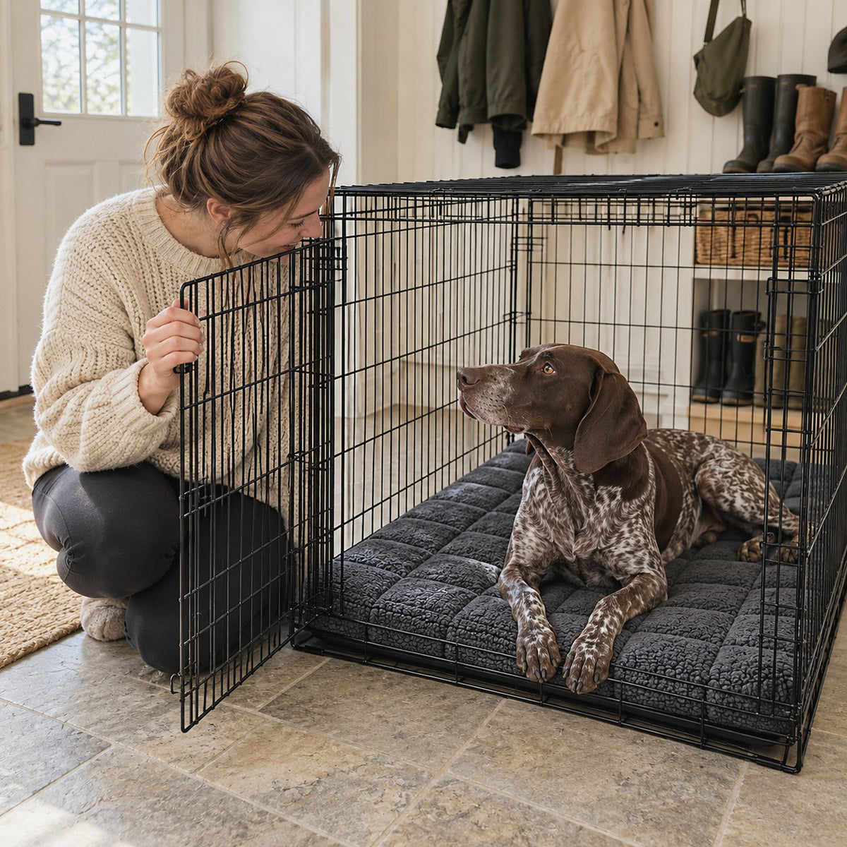 RestWell orthopedic crate mat in charcoal, next to an adult to show the size