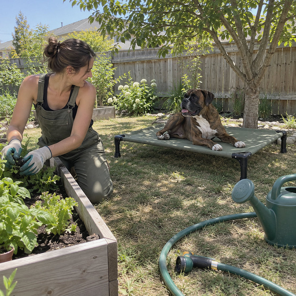 RestWell elevated cooling dog cot with sage mesh, with an owner at home