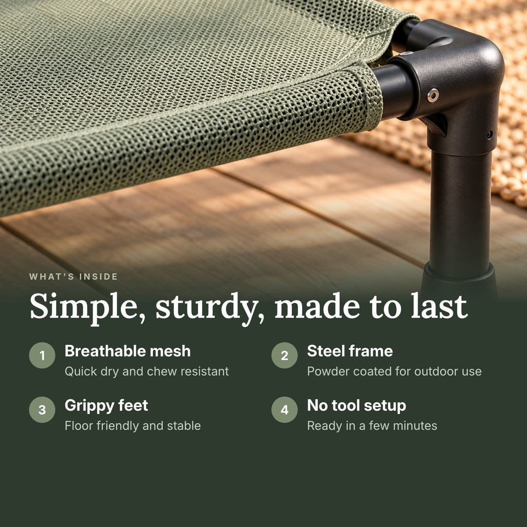 RestWell elevated cooling dog cot with sage mesh, what is inside