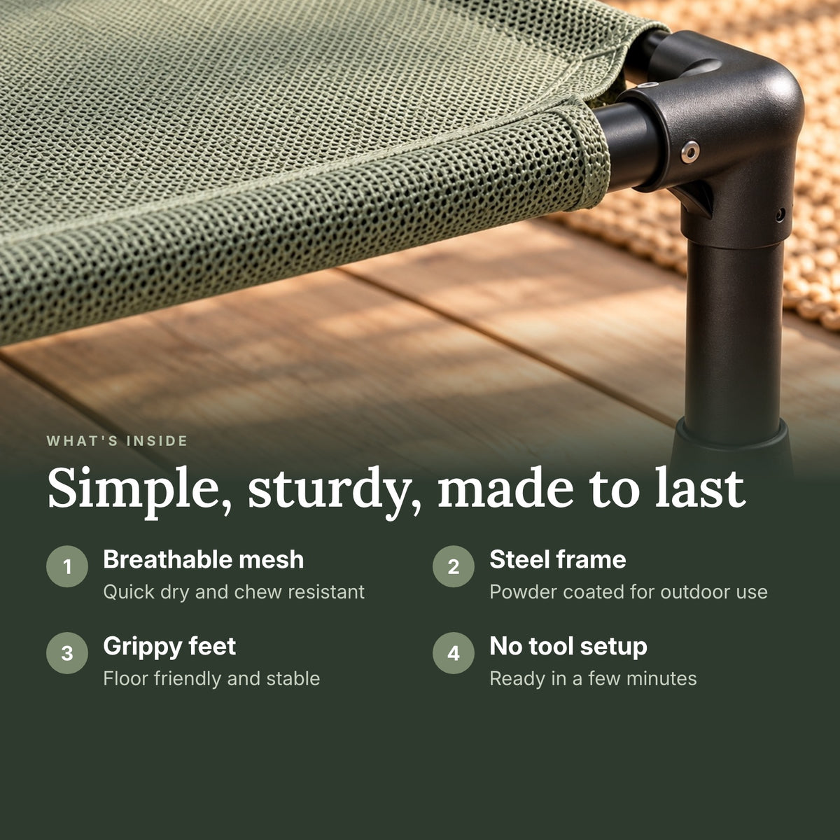 RestWell elevated cooling dog cot with sage mesh, what is inside