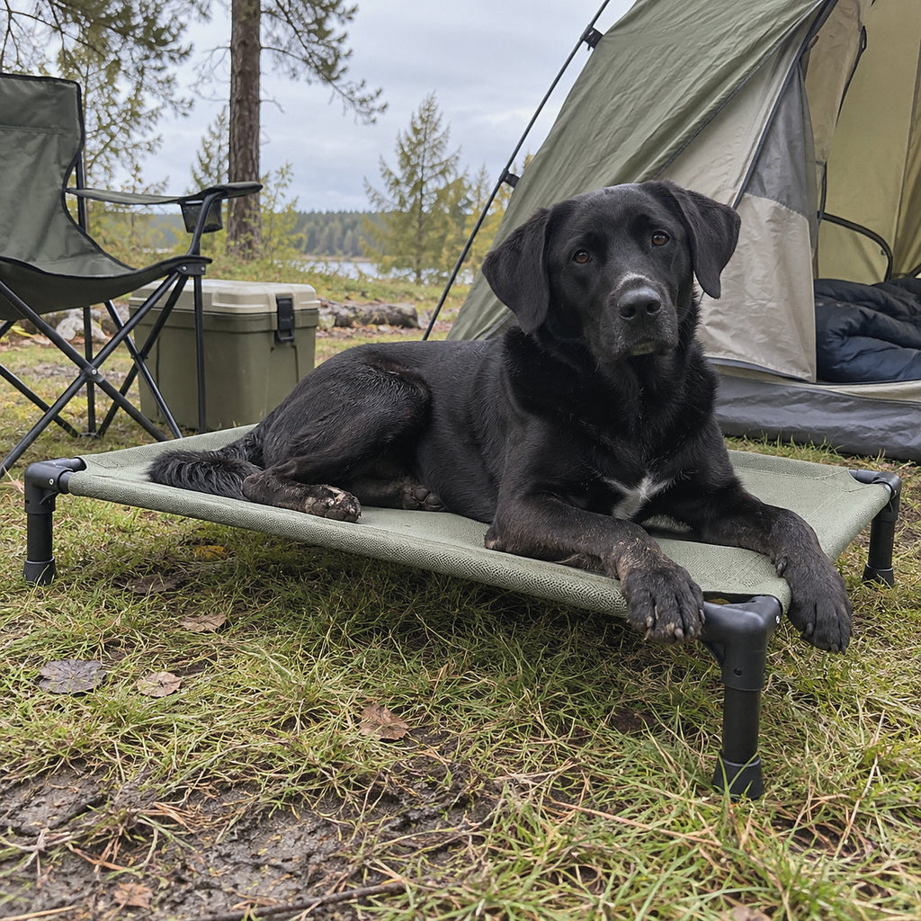 RestWell elevated cooling dog cot with sage mesh, at home with a dog