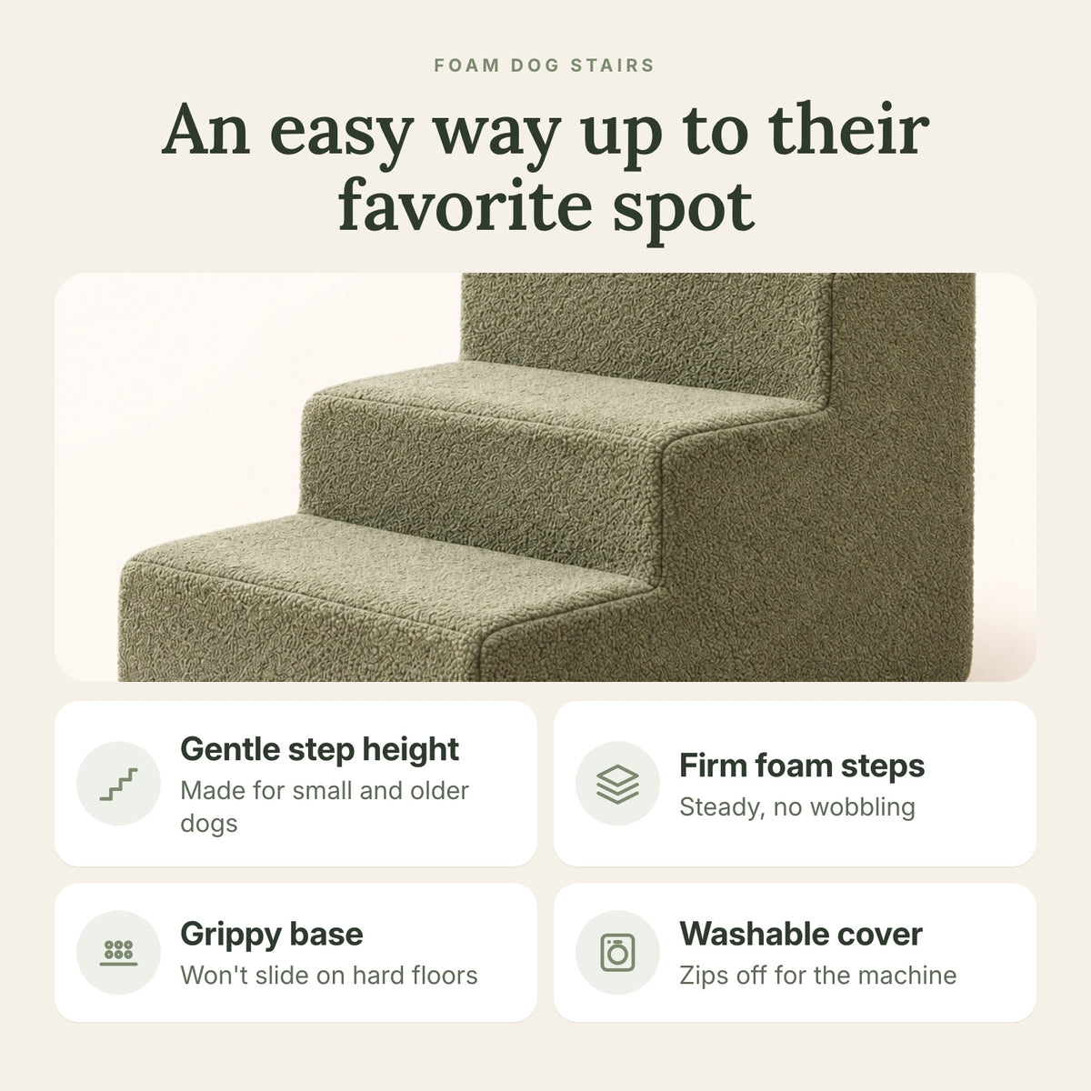 RestWell foam dog stairs in sage green, key benefits