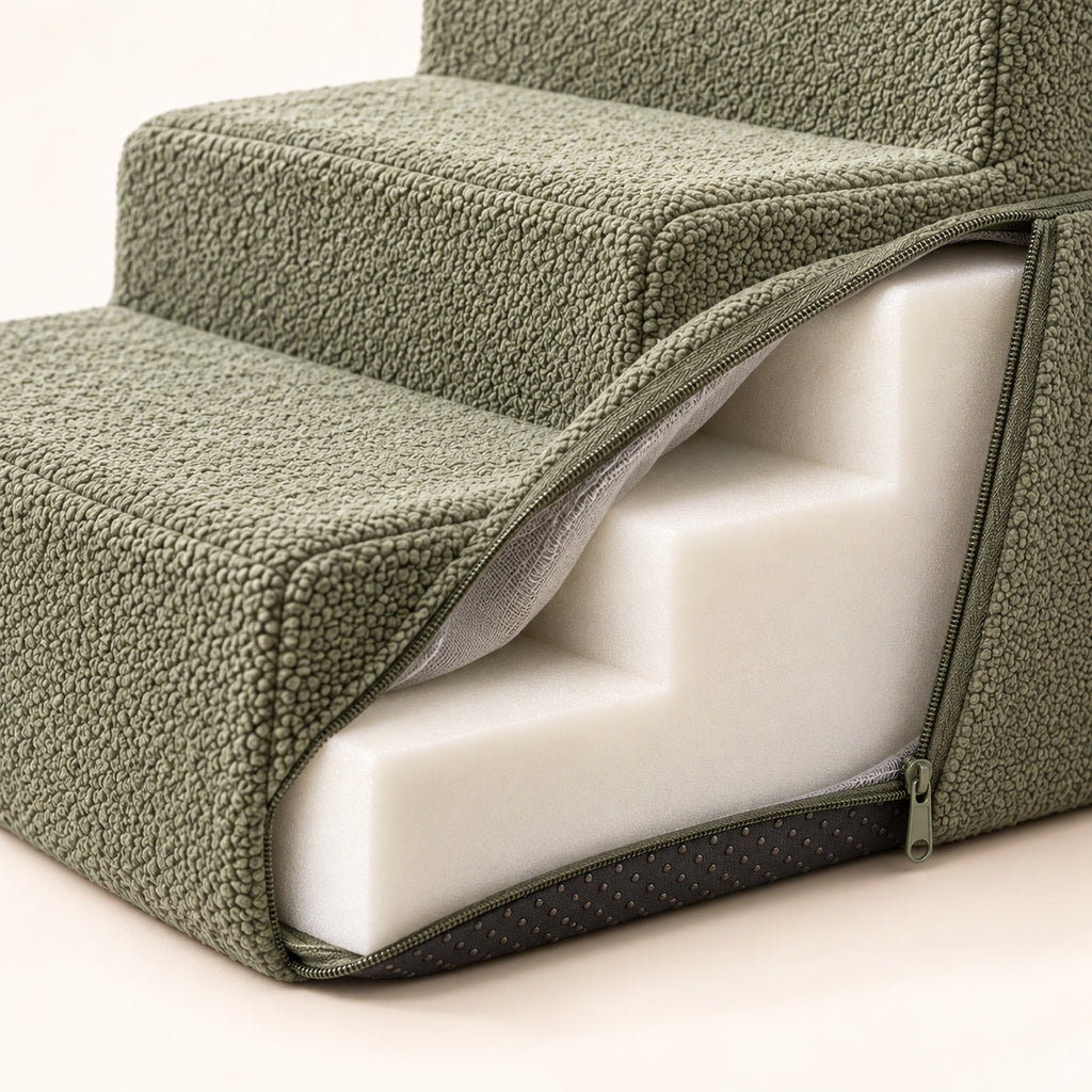 RestWell foam dog stairs in sage green, close up detail