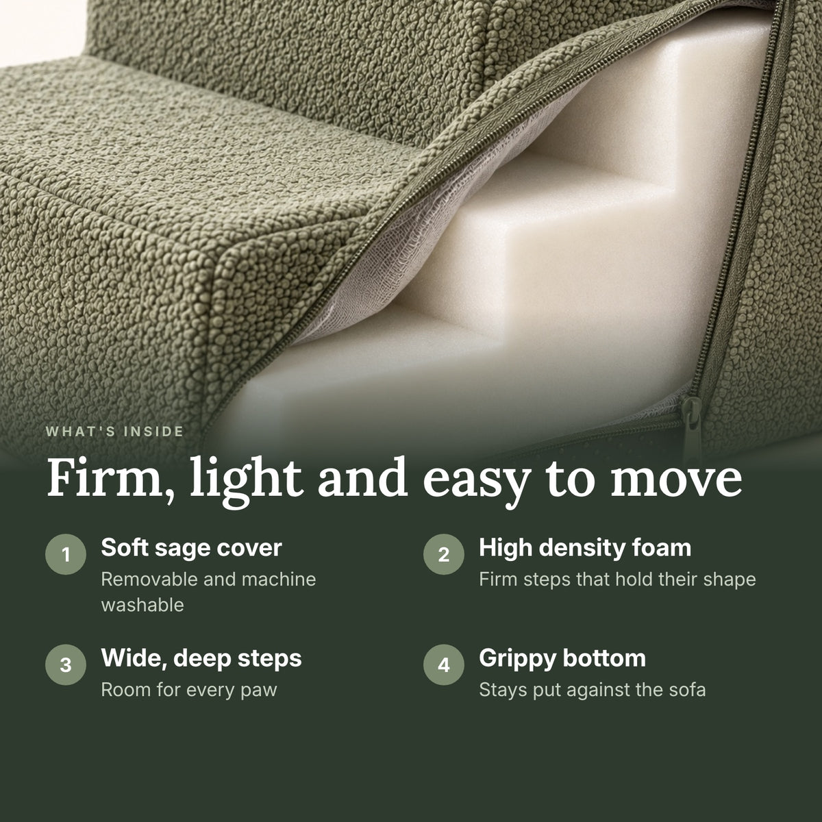RestWell foam dog stairs in sage green, what is inside