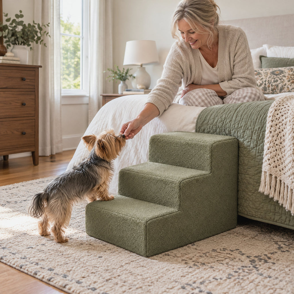 RestWell foam dog stairs in sage green, next to an adult to show the size
