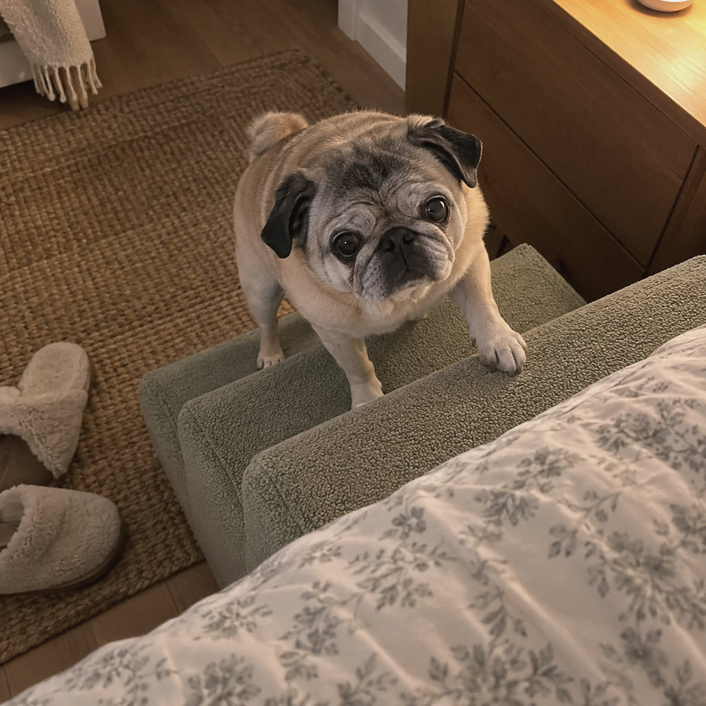 RestWell foam dog stairs in sage green, at home with a dog